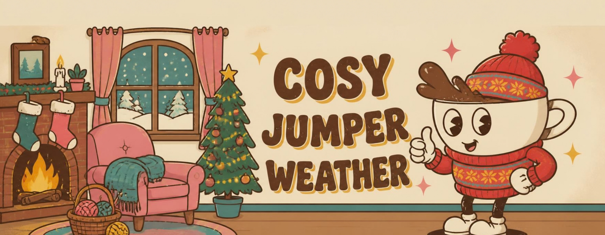 Cosy Jumper Weather: Brewster in a bobble hat and Christmas jumper by the fireplace