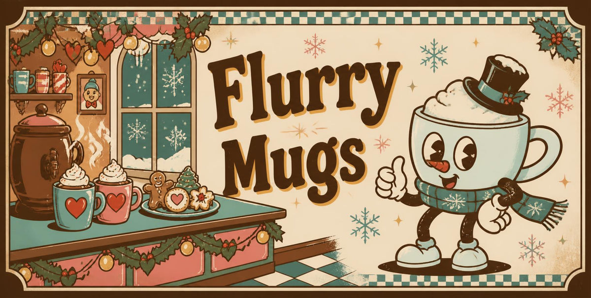 Flurry Mugs: Flurry, a frosty pale-blue cup character in a teal scarf and top hat, giving a thumbs up