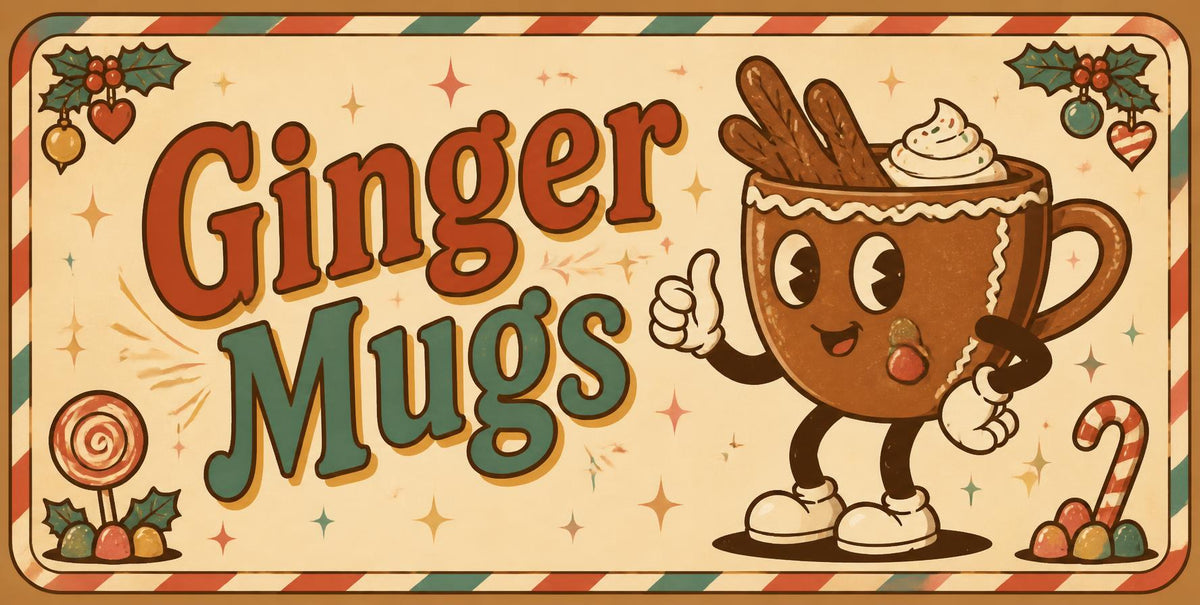 Ginger Mugs: Ginger, a gingerbread-brown cup character with white icing piping, giving a thumbs up