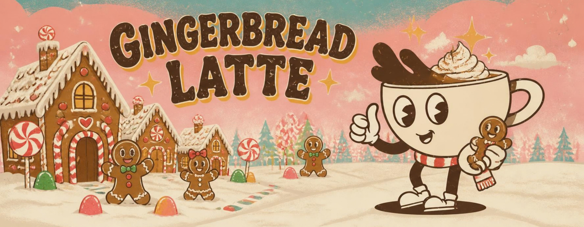 Gingerbread Latte: Brewster in a gingerbread village with gingerbread friends