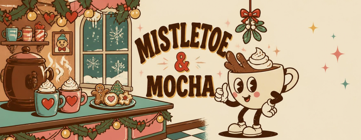 Mistletoe and Mocha: Brewster under the mistletoe with a Christmas cafe scene