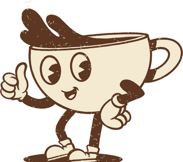Brewster, our smiling cartoon cup, tipping over to pour coffee