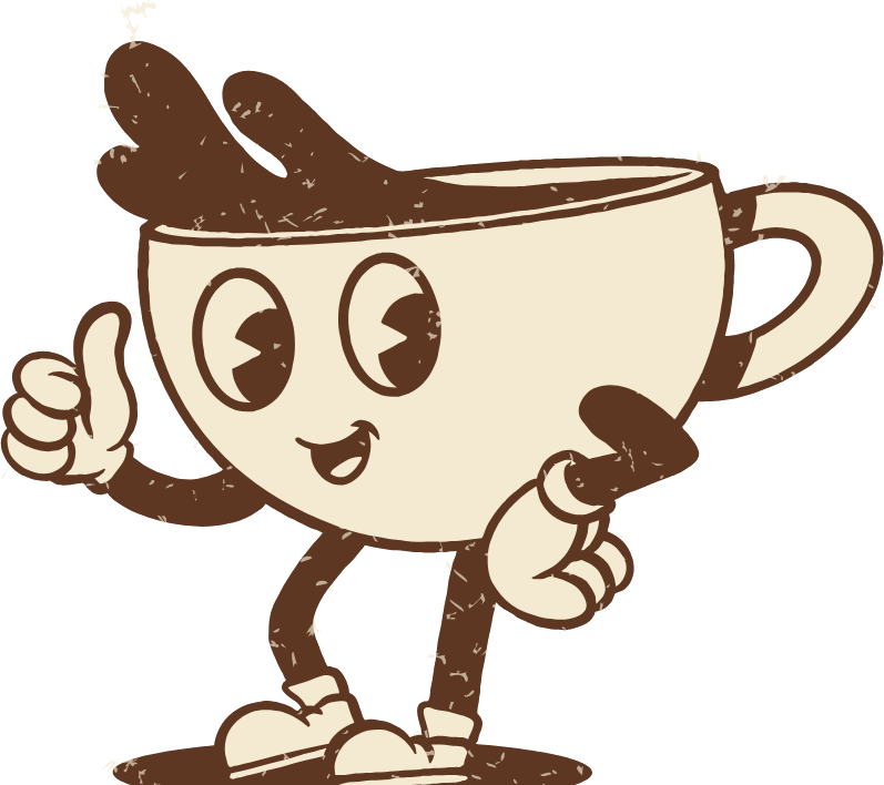 Brewster, our smiling cartoon cup, giving a thumbs up