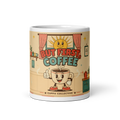 But First, Coffee 11 oz mug, front view: Brewster the smiling cartoon cup greeting the sunrise in a retro kitchen