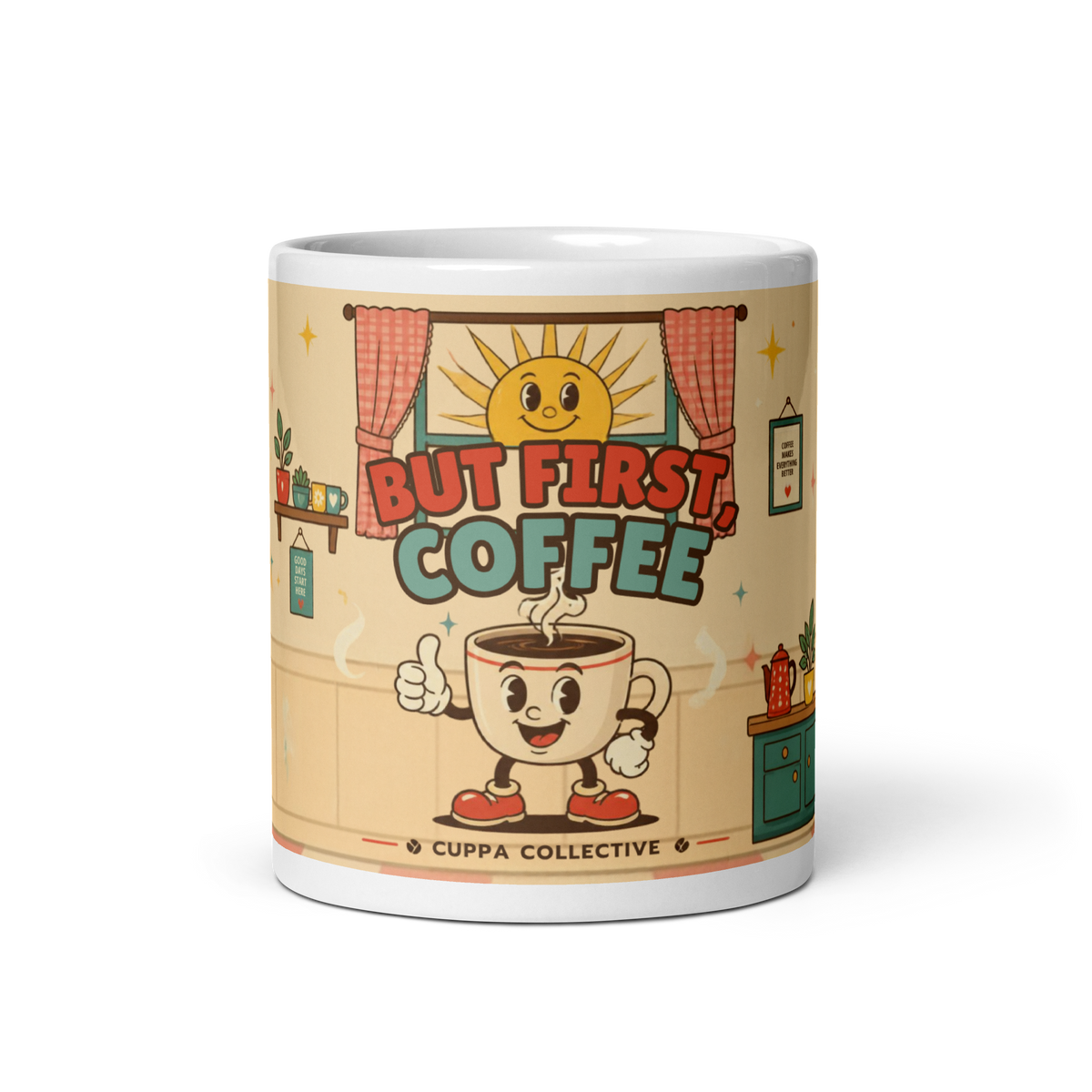 But First, Coffee 11 oz mug, front view: Brewster the smiling cartoon cup greeting the sunrise in a retro kitchen