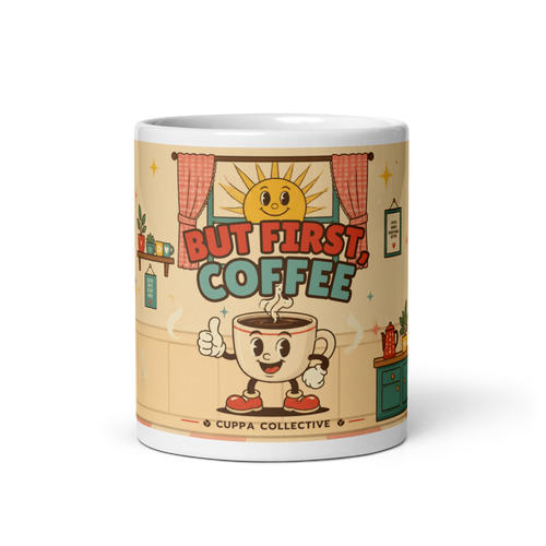 But First, Coffee 11 oz mug, front view: Brewster the smiling cartoon cup greeting the sunrise in a retro kitchen