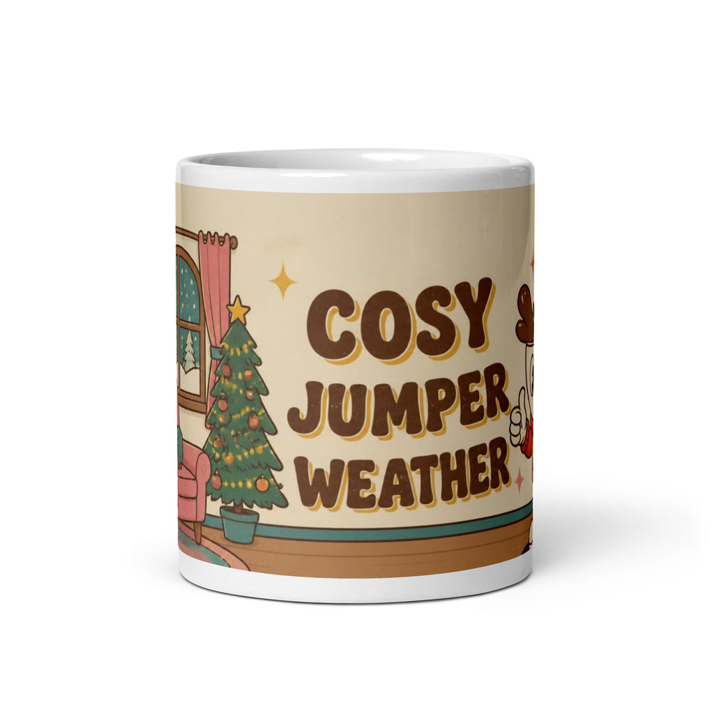 Cosy Jumper Weather 11 oz retro cartoon Christmas coffee mug, front view with Cosy Jumper Weather lettering