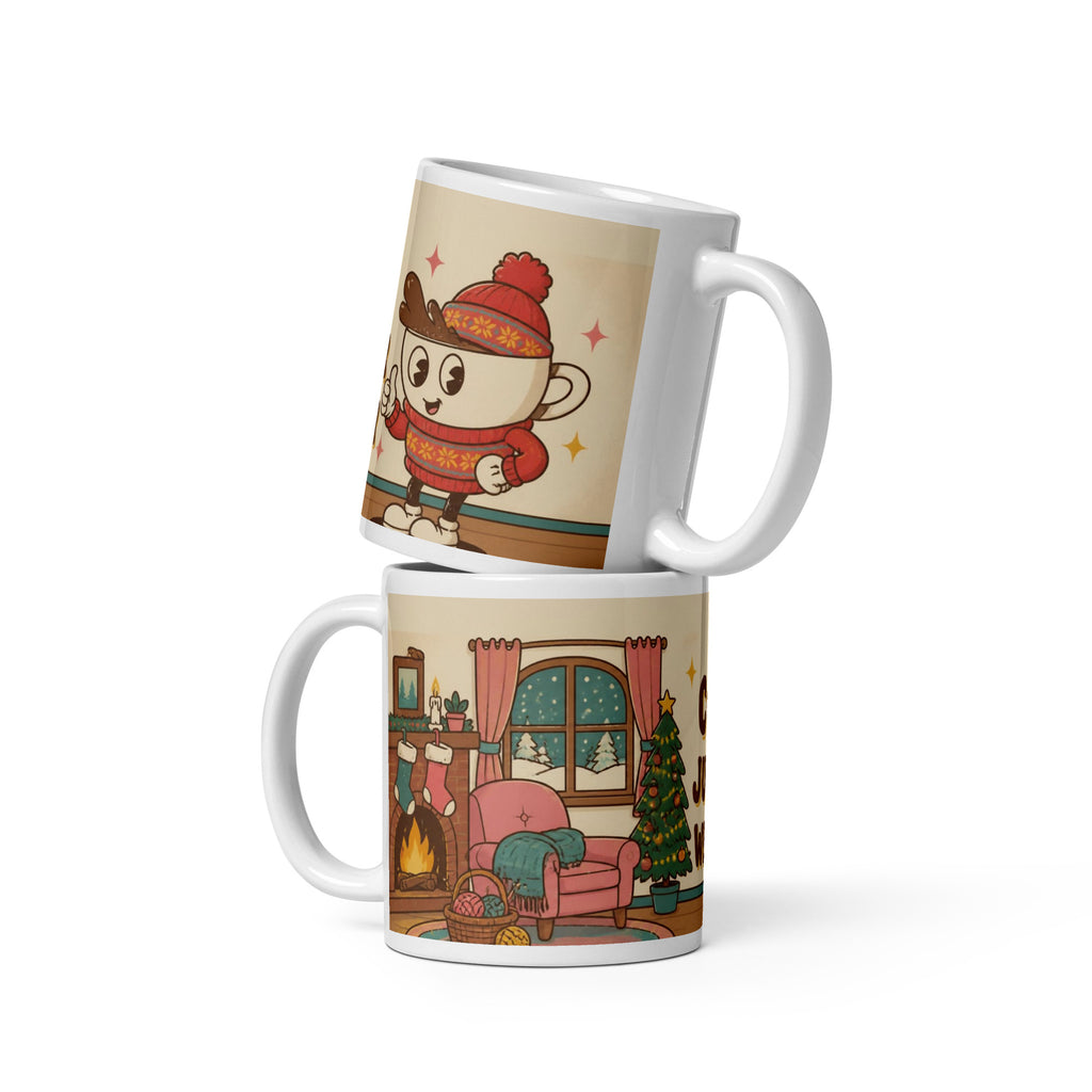 Two stacked Cosy Jumper Weather 11 oz mugs showing the retro cartoon Christmas design