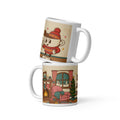 Two stacked Cosy Jumper Weather 11 oz mugs showing the retro cartoon Christmas design