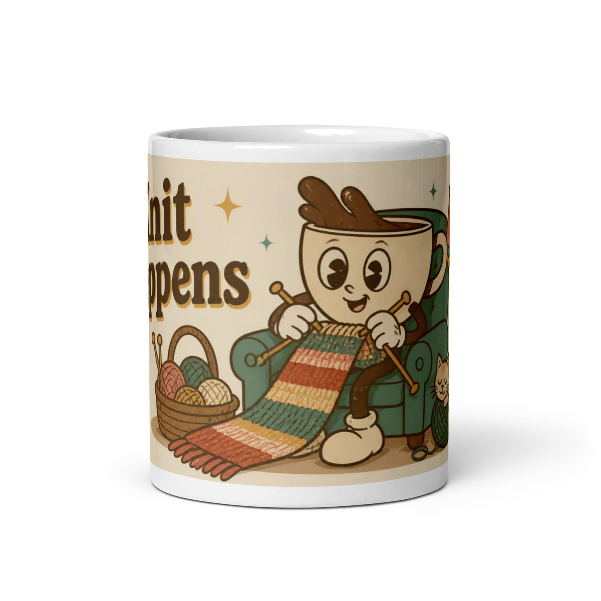 Knit Happens 11 oz mug, front view