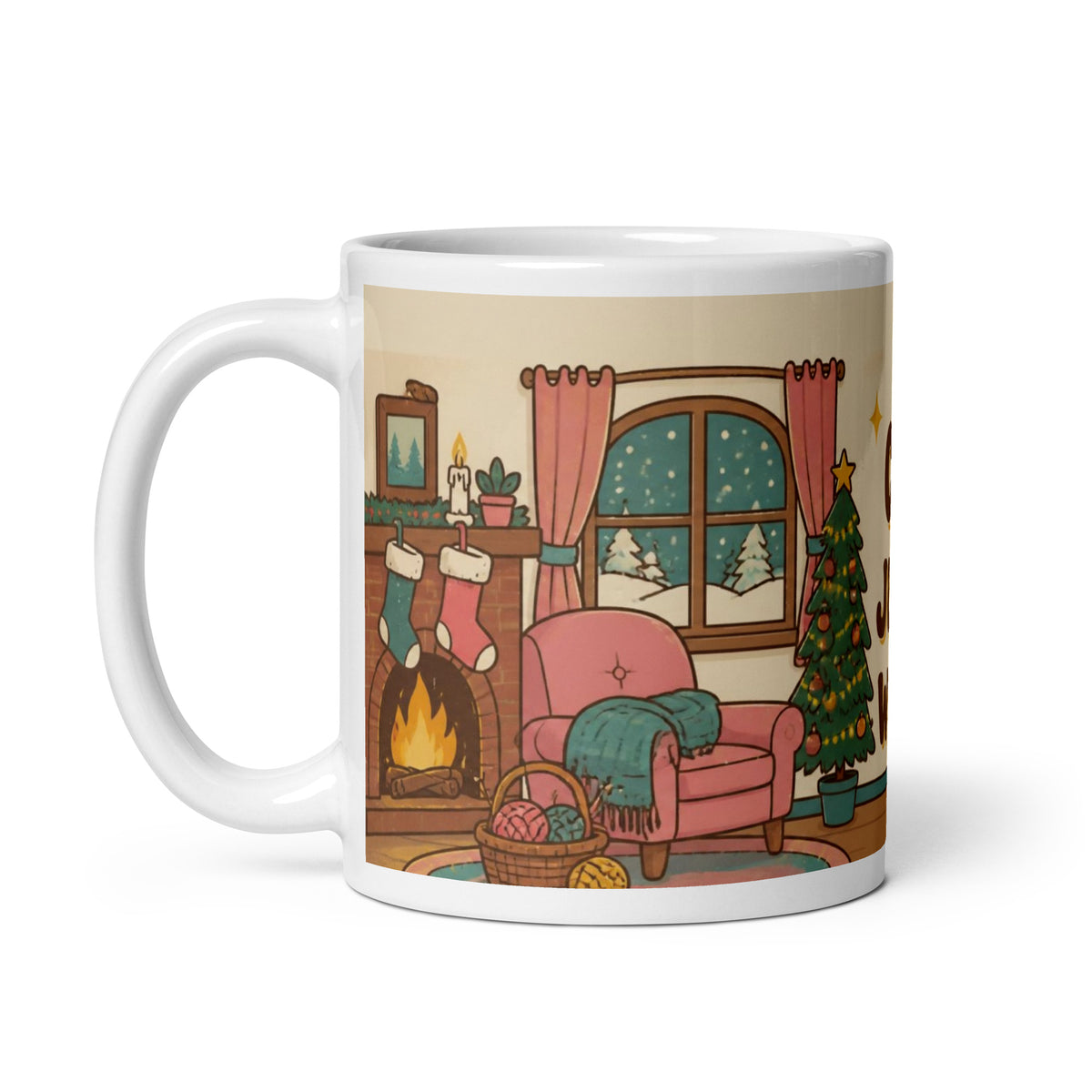 Cosy Jumper Weather 11 oz mug, left side: cosy cartoon fireplace with stockings, armchair and knitting basket