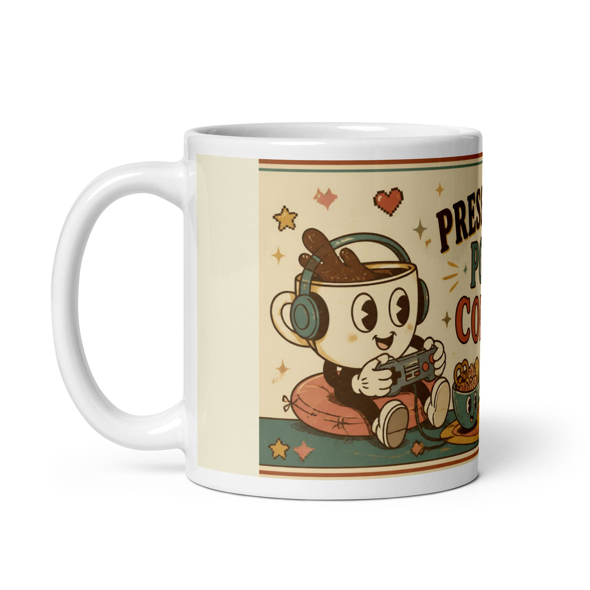Press Start, Pour Coffee 11 oz mug, handle on the left