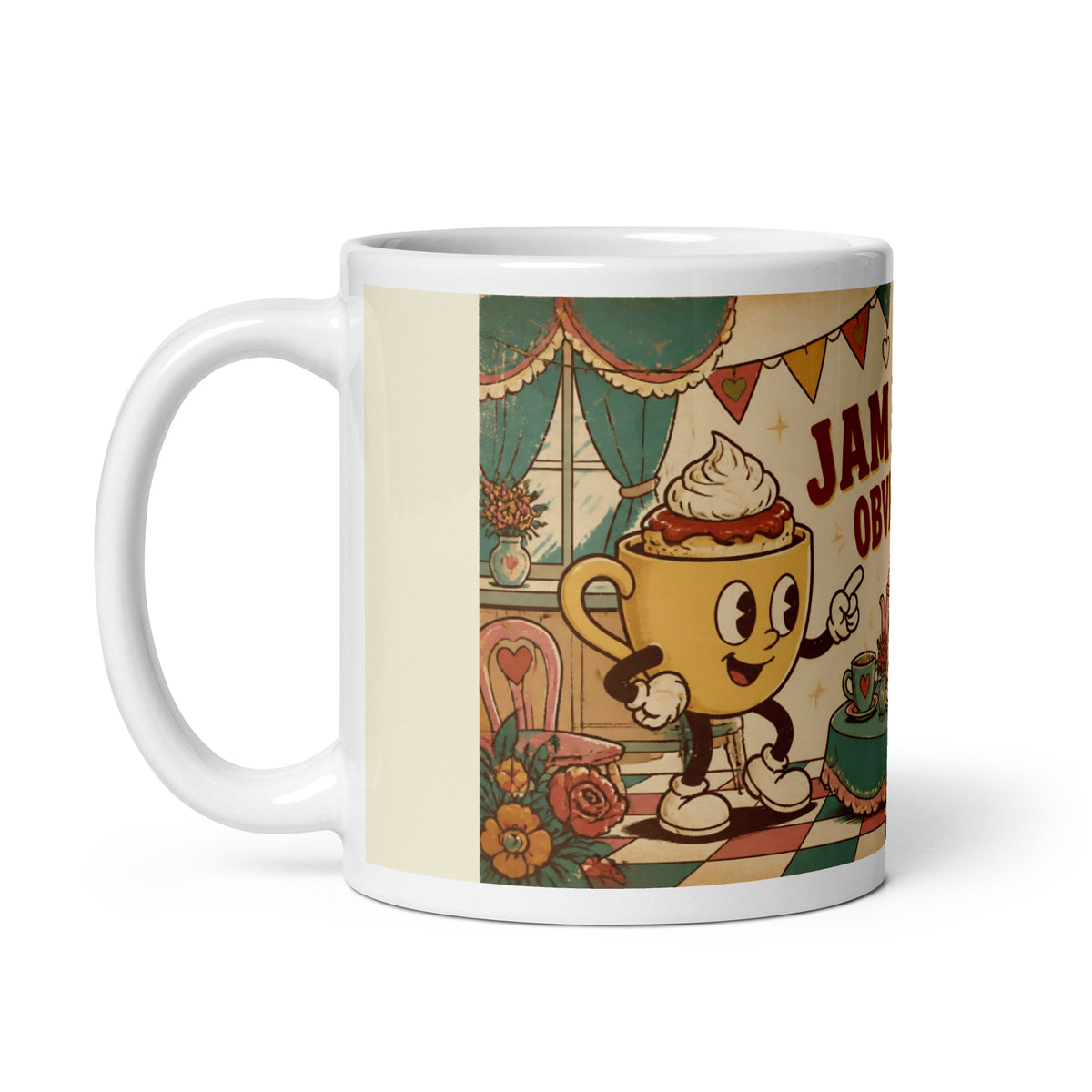 Jam First, Obviously 11 oz mug, handle on the left