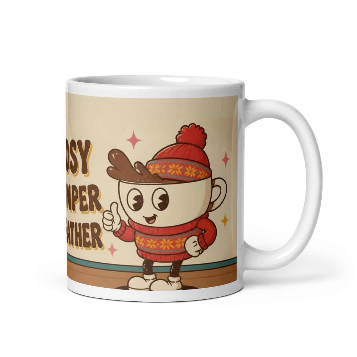 Cosy Jumper Weather 11 oz mug, right side: smiling cartoon cup mascot in a red Fair Isle Christmas jumper and bobble hat
