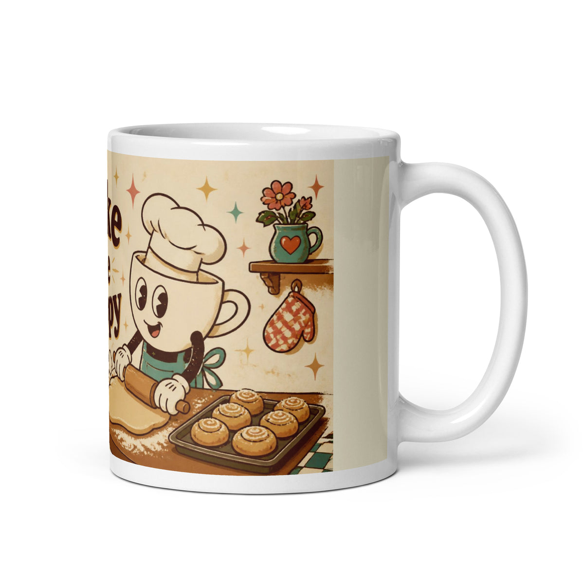 Bake Me Happy 11 oz mug, handle on the right