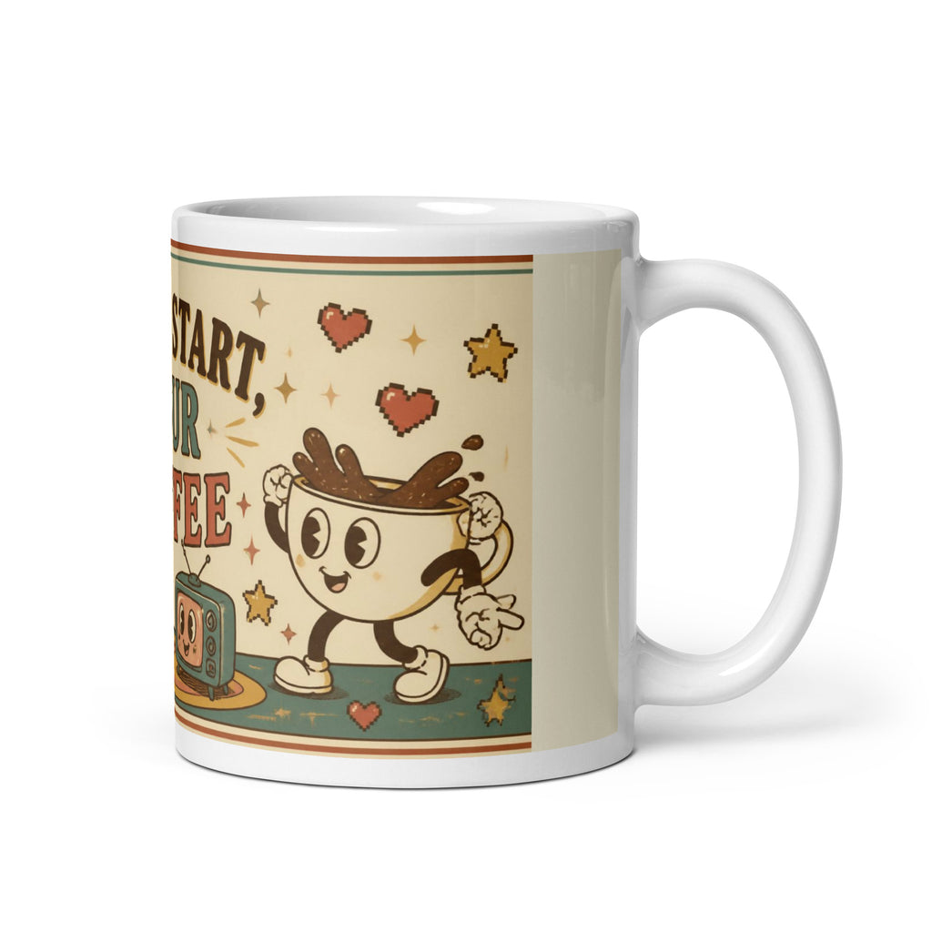 Press Start, Pour Coffee 11 oz mug, handle on the right