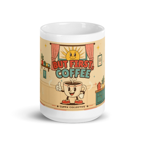 But First, Coffee 15 oz mug, front view: Brewster the smiling cartoon cup greeting the sunrise in a retro kitchen