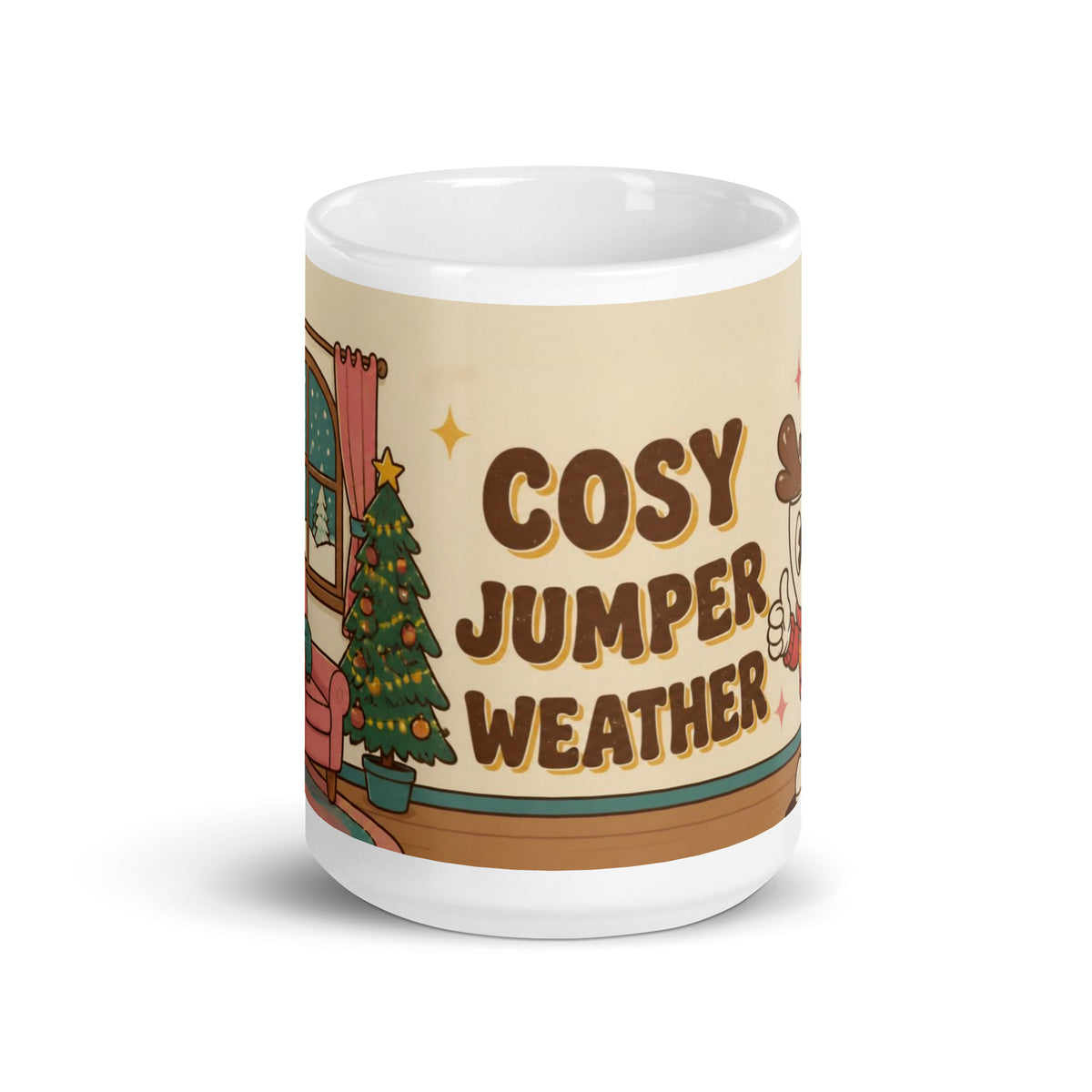 Cosy Jumper Weather 15 oz retro cartoon Christmas coffee mug, front view with Cosy Jumper Weather lettering