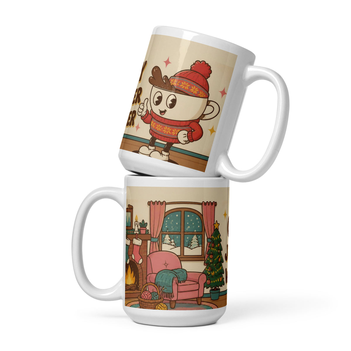 Two stacked Cosy Jumper Weather 15 oz mugs showing the retro cartoon Christmas design