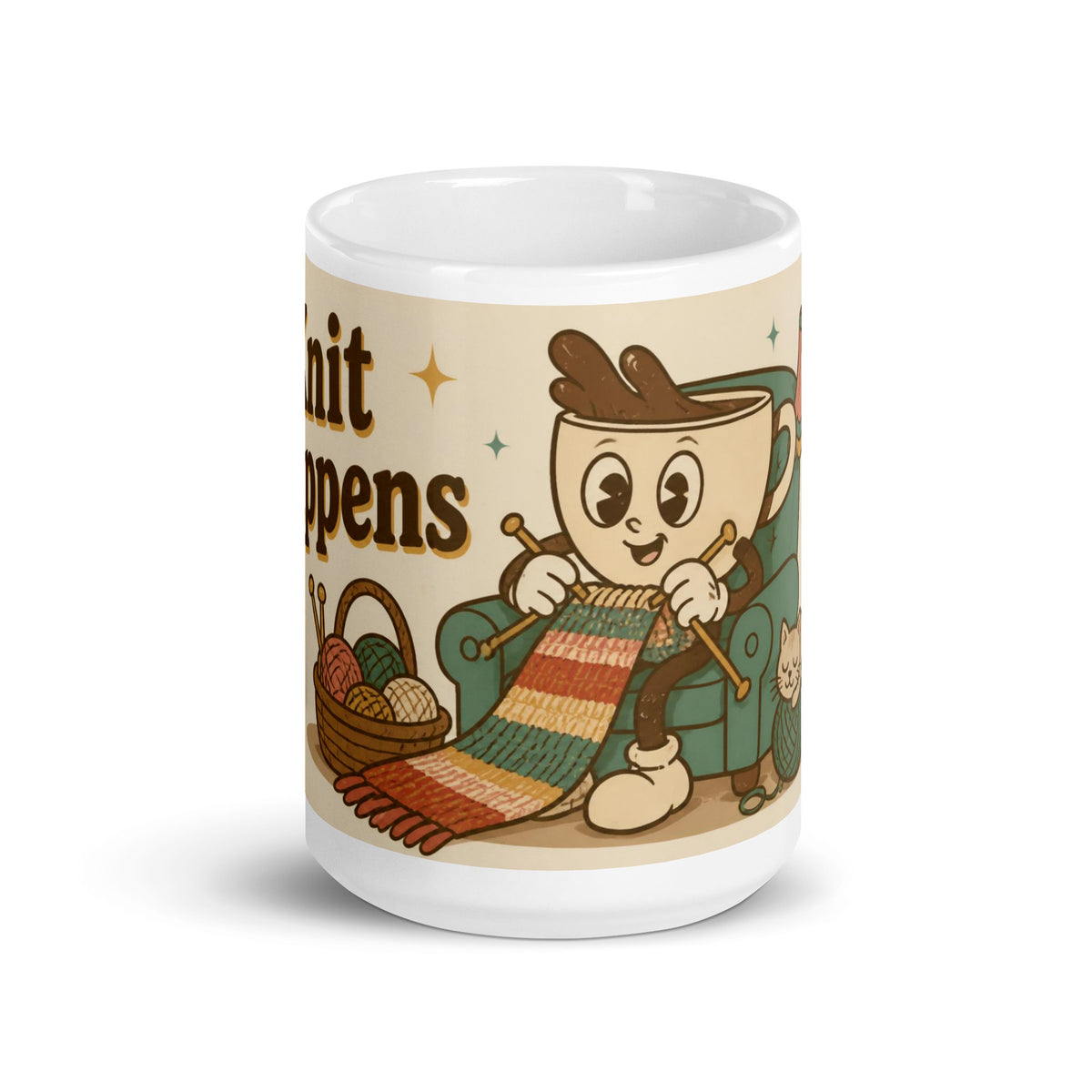 Knit Happens 15 oz mug, front view