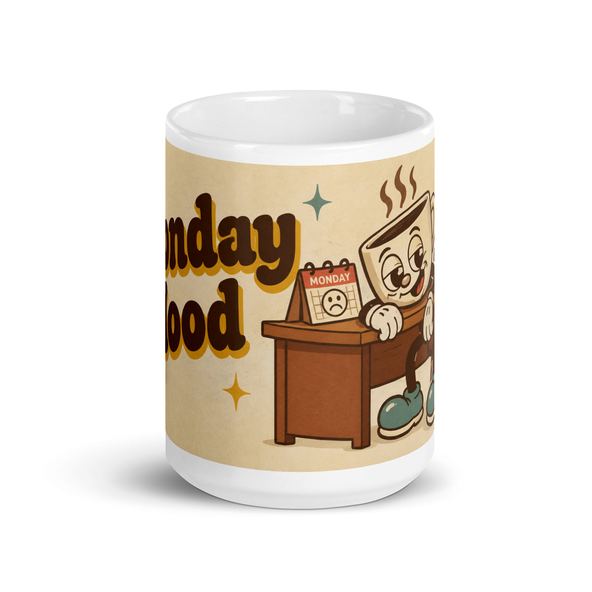 Monday Mood 15 oz mug, front view, angled