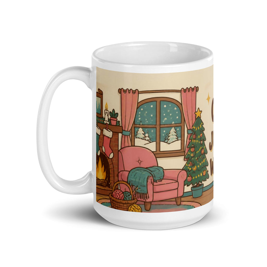 Cosy Jumper Weather 15 oz mug, left side: cosy cartoon fireplace with stockings, armchair and knitting basket