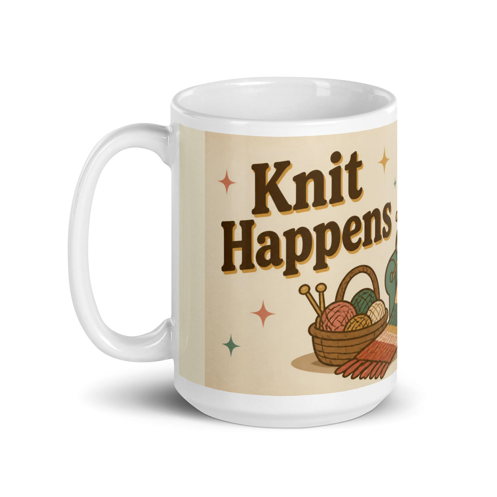 Knit Happens 15 oz mug, handle on the left