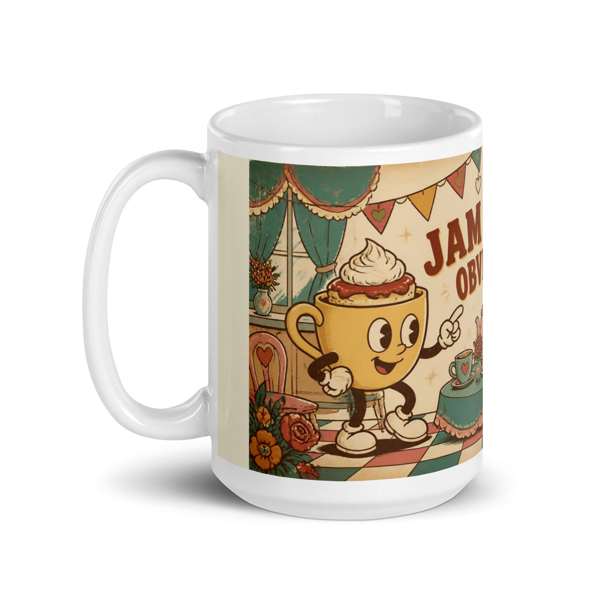 Jam First, Obviously 15 oz mug, handle on the left