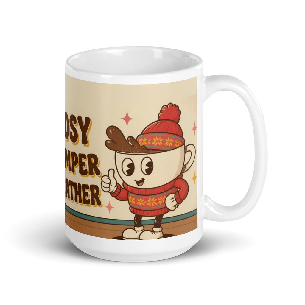 Cosy Jumper Weather 15 oz mug, right side: smiling cartoon cup mascot in a red Fair Isle Christmas jumper and bobble hat