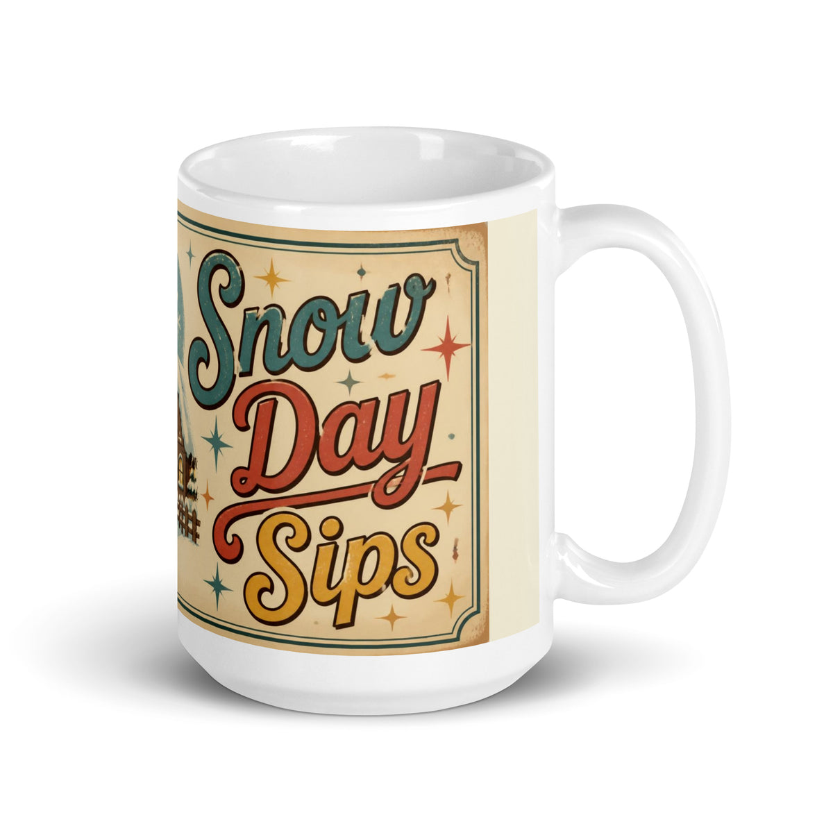 Snow Day Sips 15 oz mug, handle on the right
