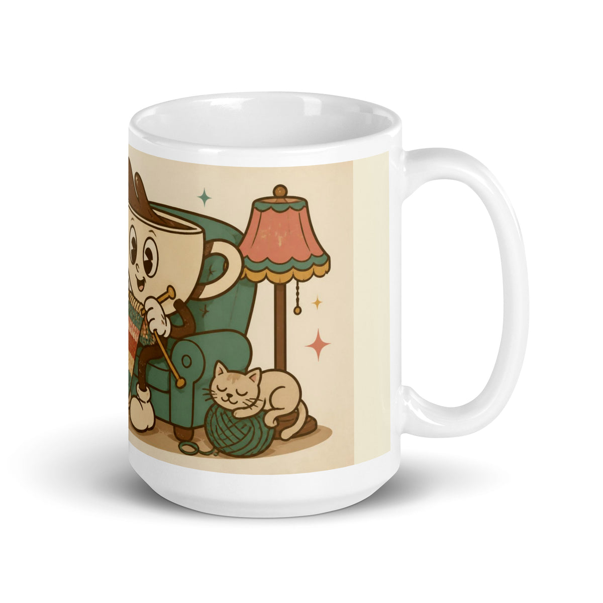 Knit Happens 15 oz mug, handle on the right