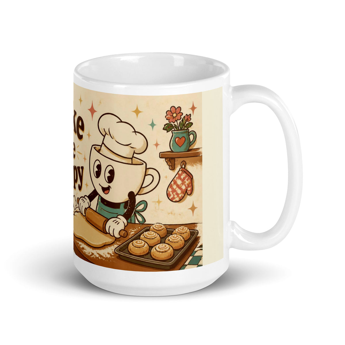 Bake Me Happy 15 oz mug, handle on the right