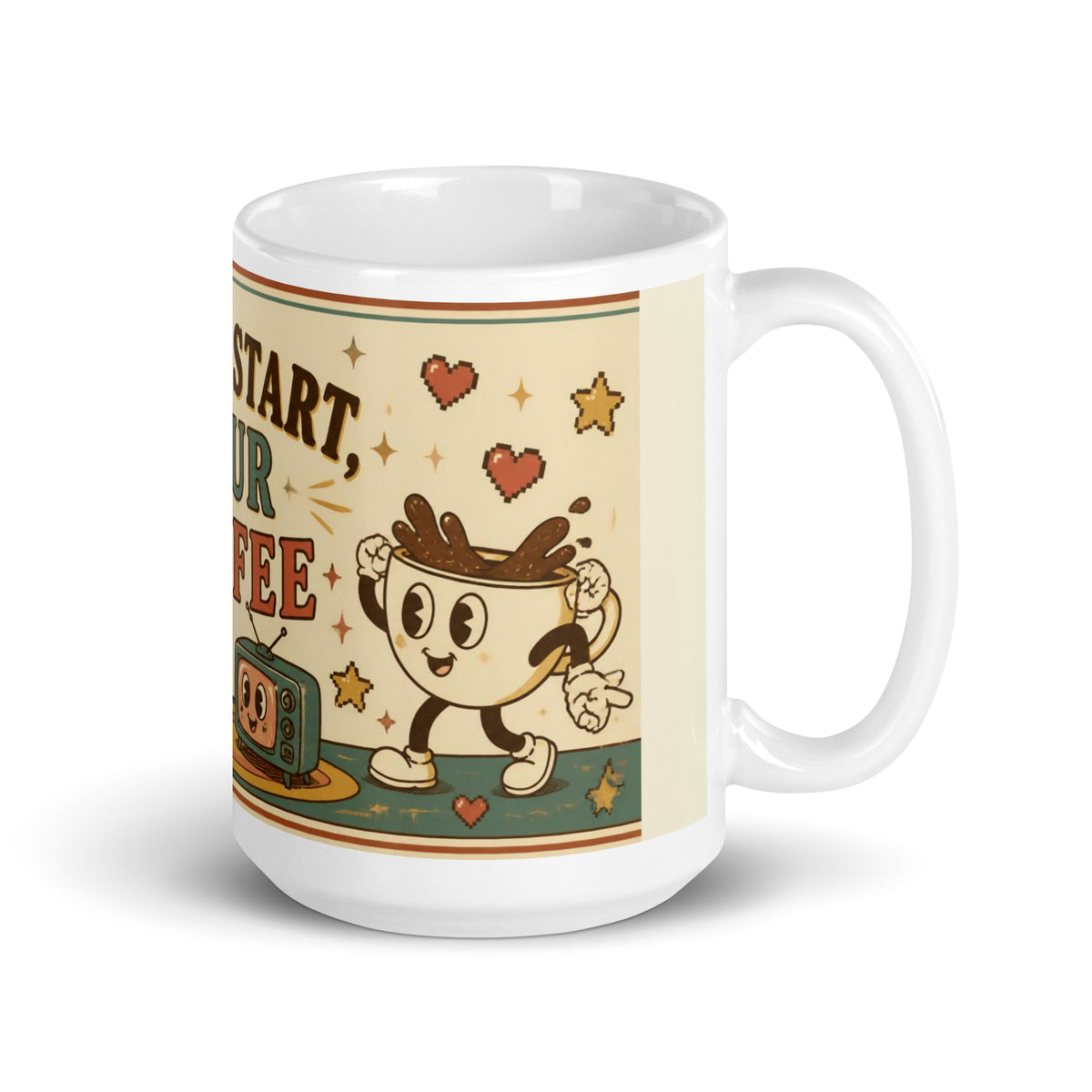 Press Start, Pour Coffee 15 oz mug, handle on the right