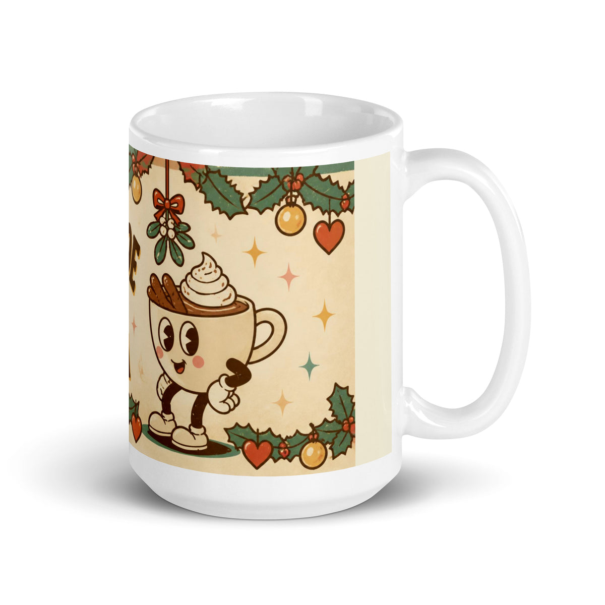 Mistletoe & Mocha 15 oz mug, handle on the right
