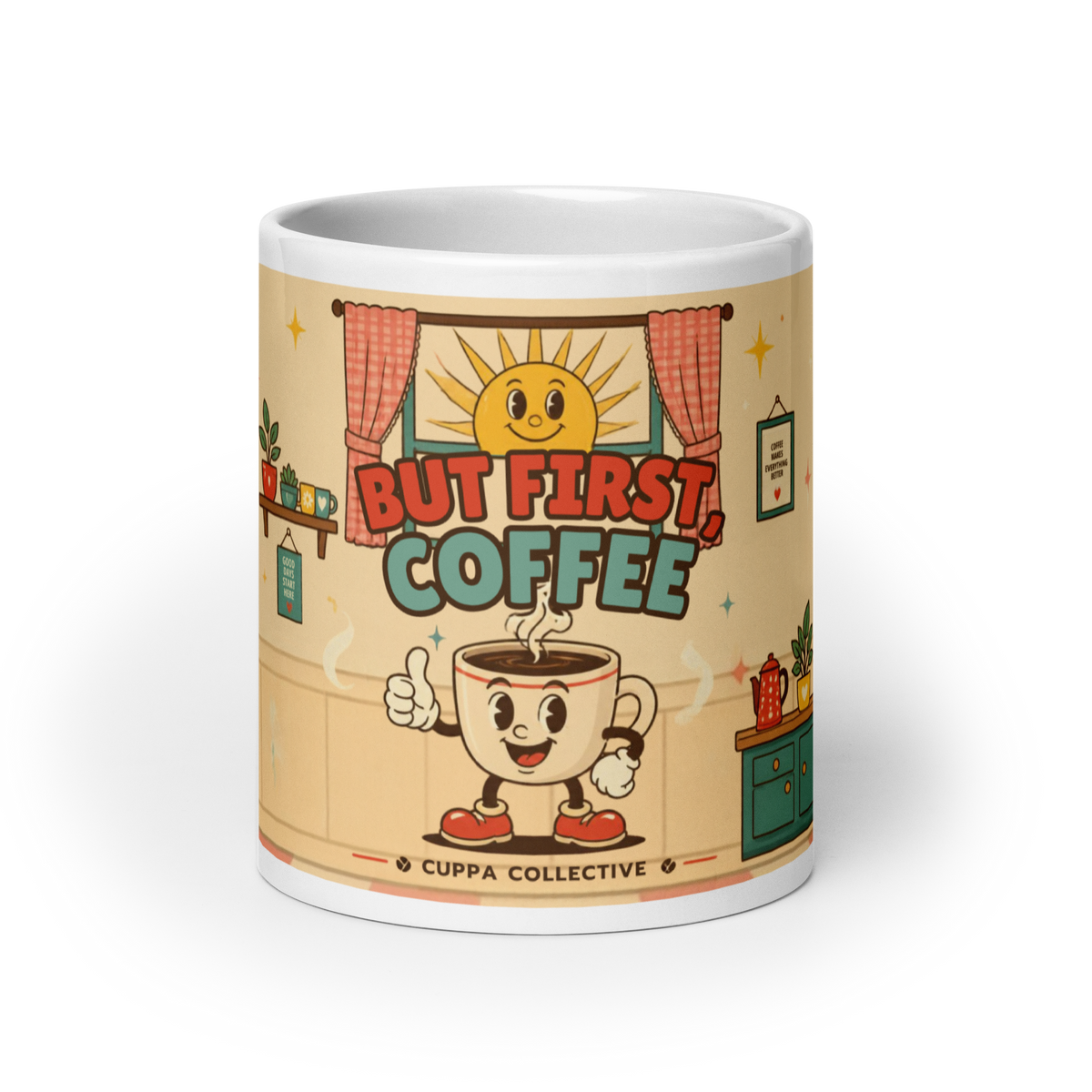 But First, Coffee 20 oz mug, front view: Brewster the smiling cartoon cup greeting the sunrise in a retro kitchen