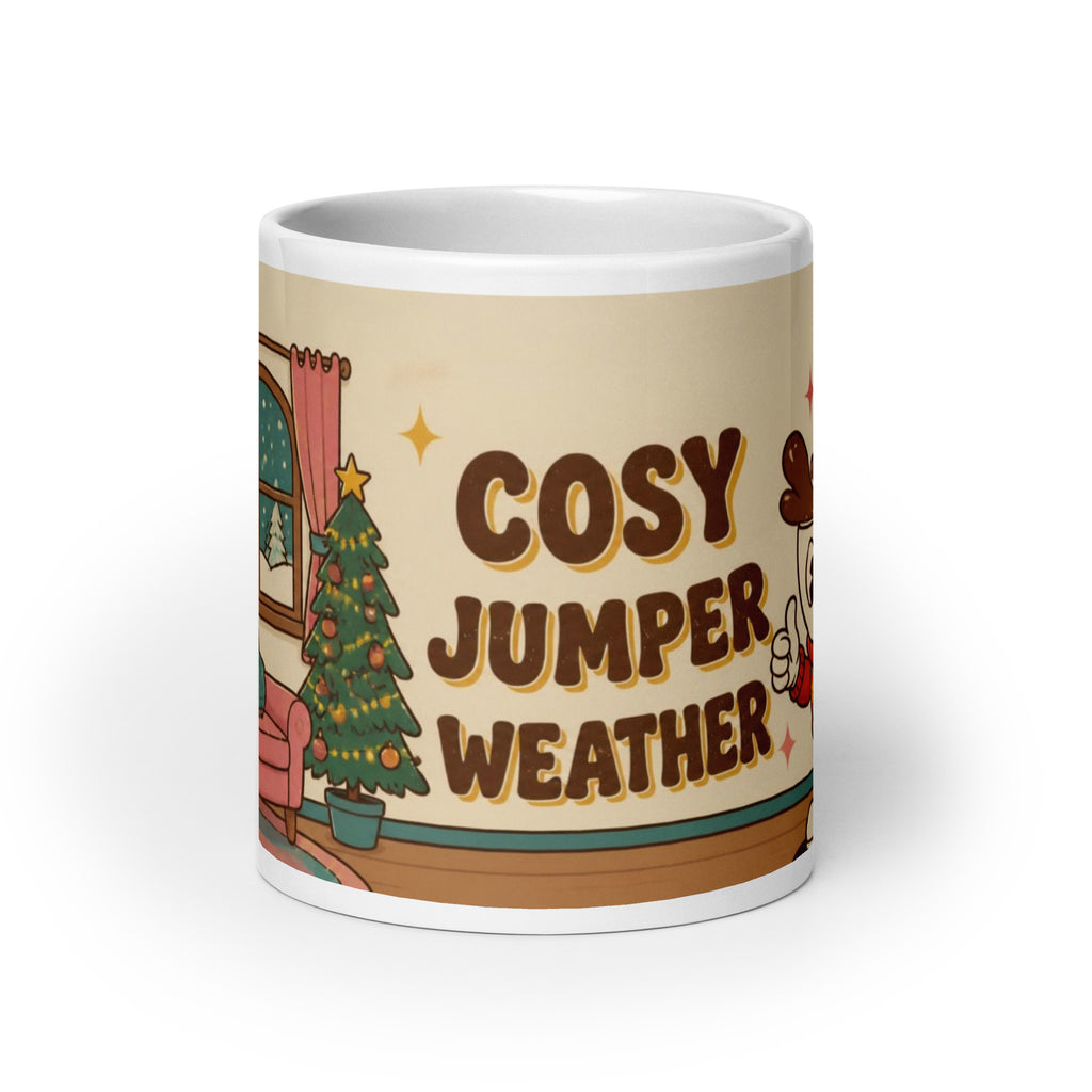 Cosy Jumper Weather 20 oz retro cartoon Christmas coffee mug, front view with Cosy Jumper Weather lettering