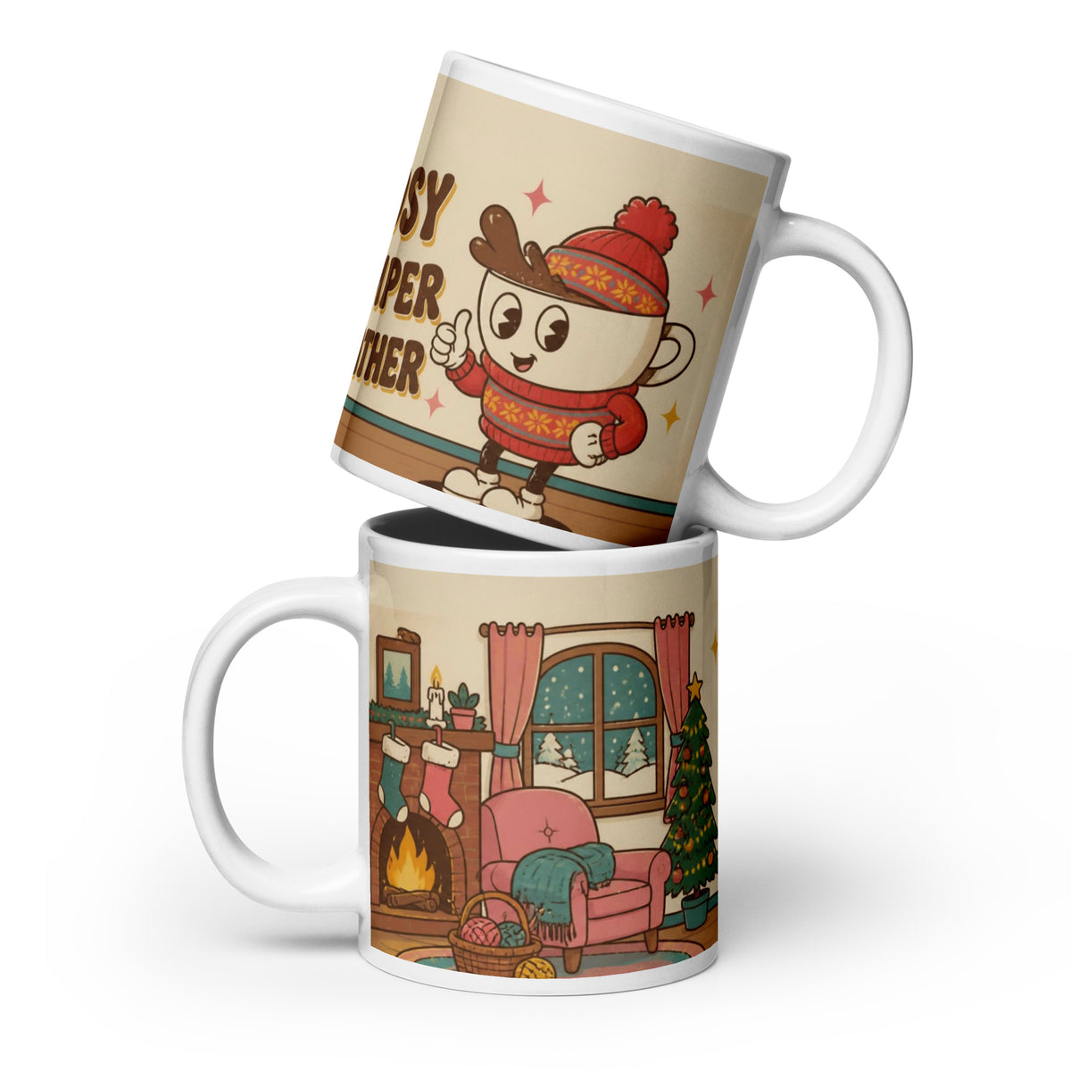 Two stacked Cosy Jumper Weather 20 oz mugs showing the retro cartoon Christmas design