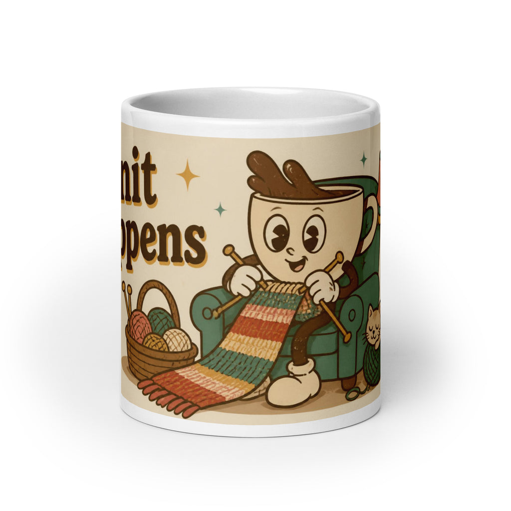 Knit Happens 20 oz mug, front view