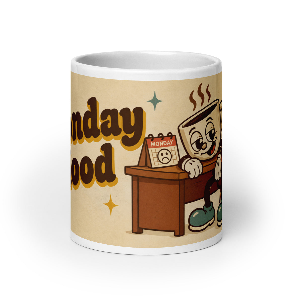 Monday Mood 20 oz mug, front view, angled