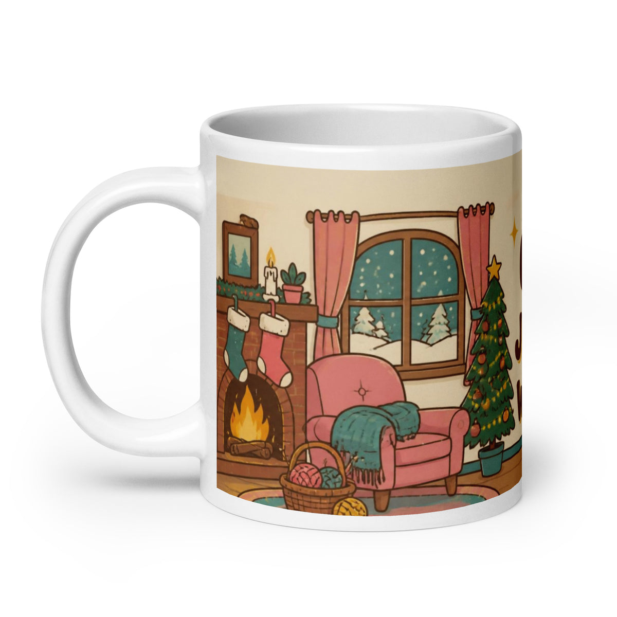 Cosy Jumper Weather 20 oz mug, left side: cosy cartoon fireplace with stockings, armchair and knitting basket