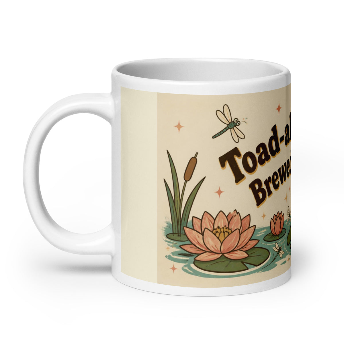 Toad-ally Brewed 20 oz mug, handle on the left