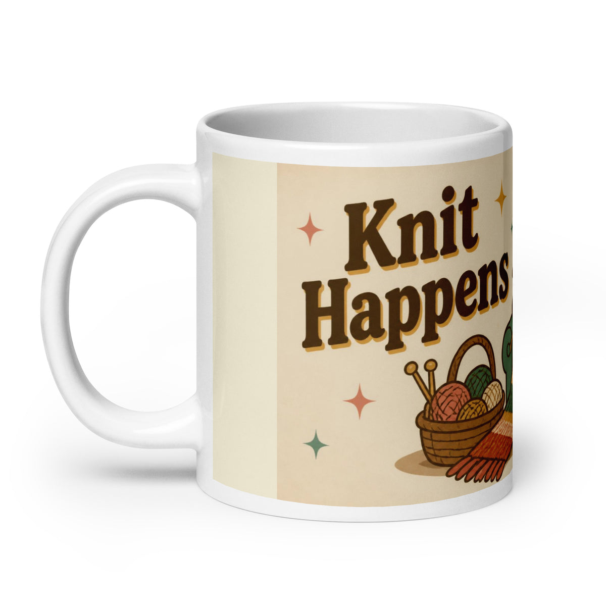 Knit Happens 20 oz mug, handle on the left