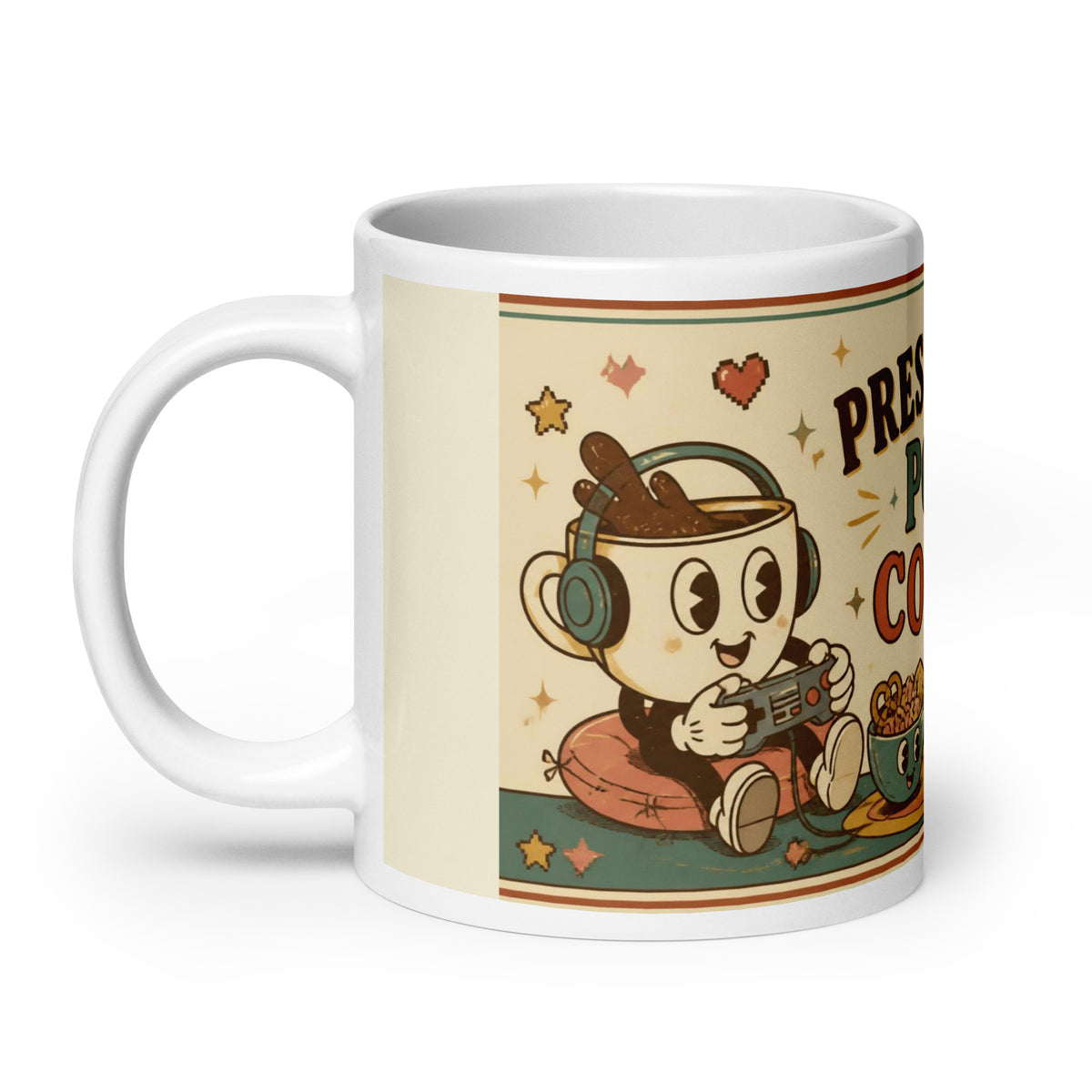Press Start, Pour Coffee 20 oz mug, handle on the left