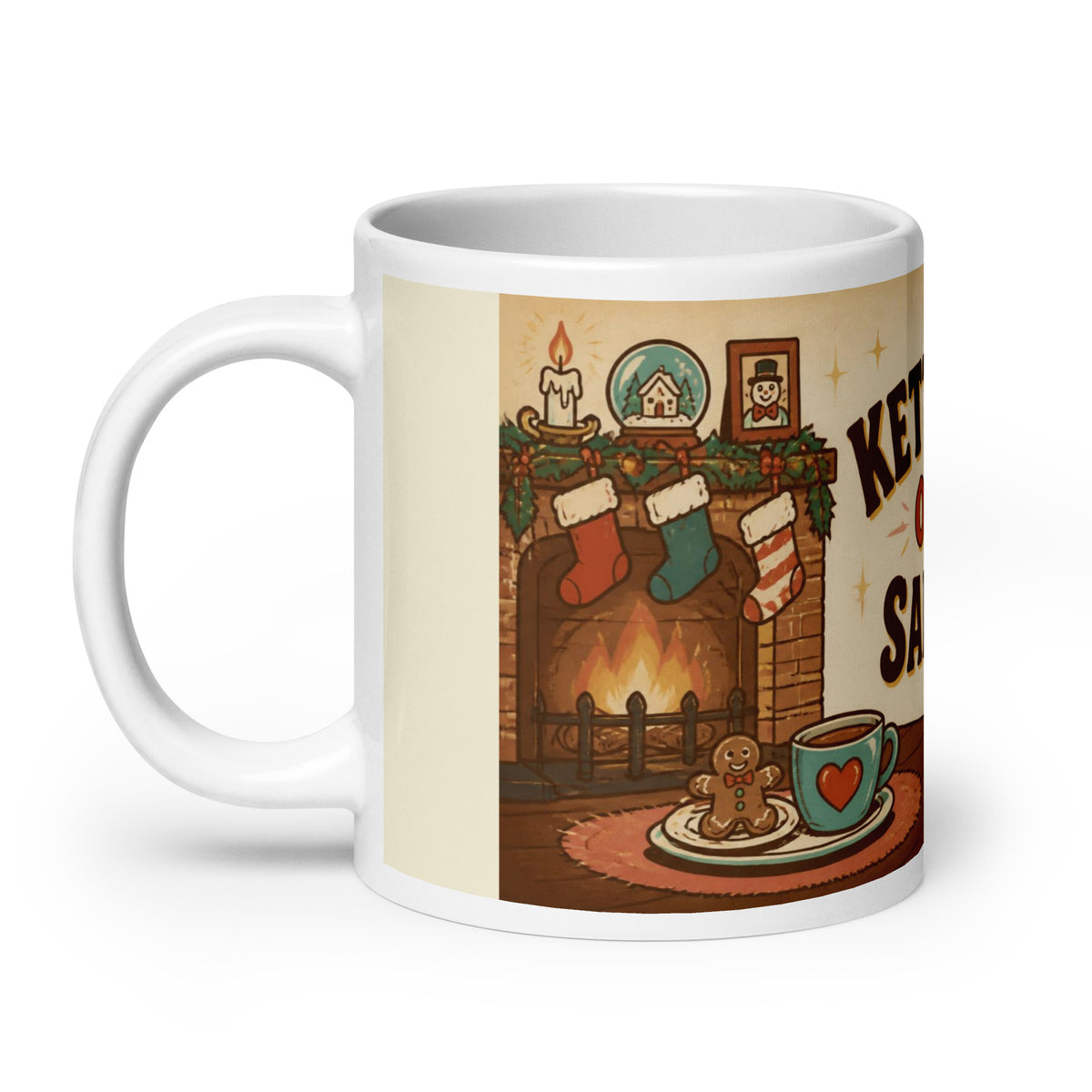 Kettle's On, Santa 20 oz mug, handle on the left