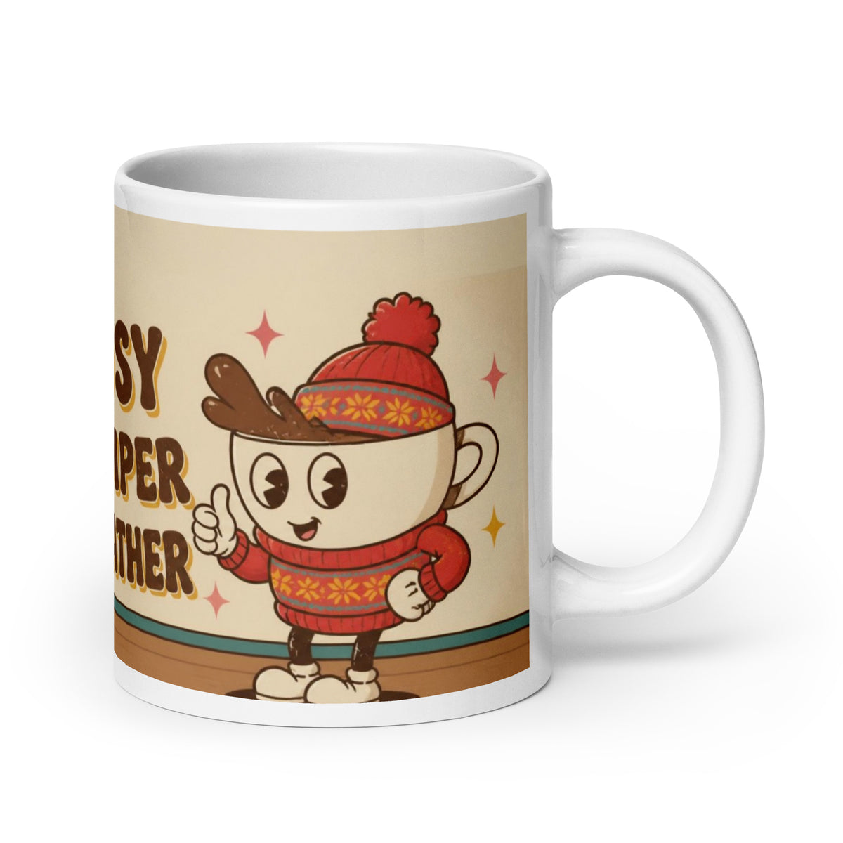 Cosy Jumper Weather 20 oz mug, right side: smiling cartoon cup mascot in a red Fair Isle Christmas jumper and bobble hat