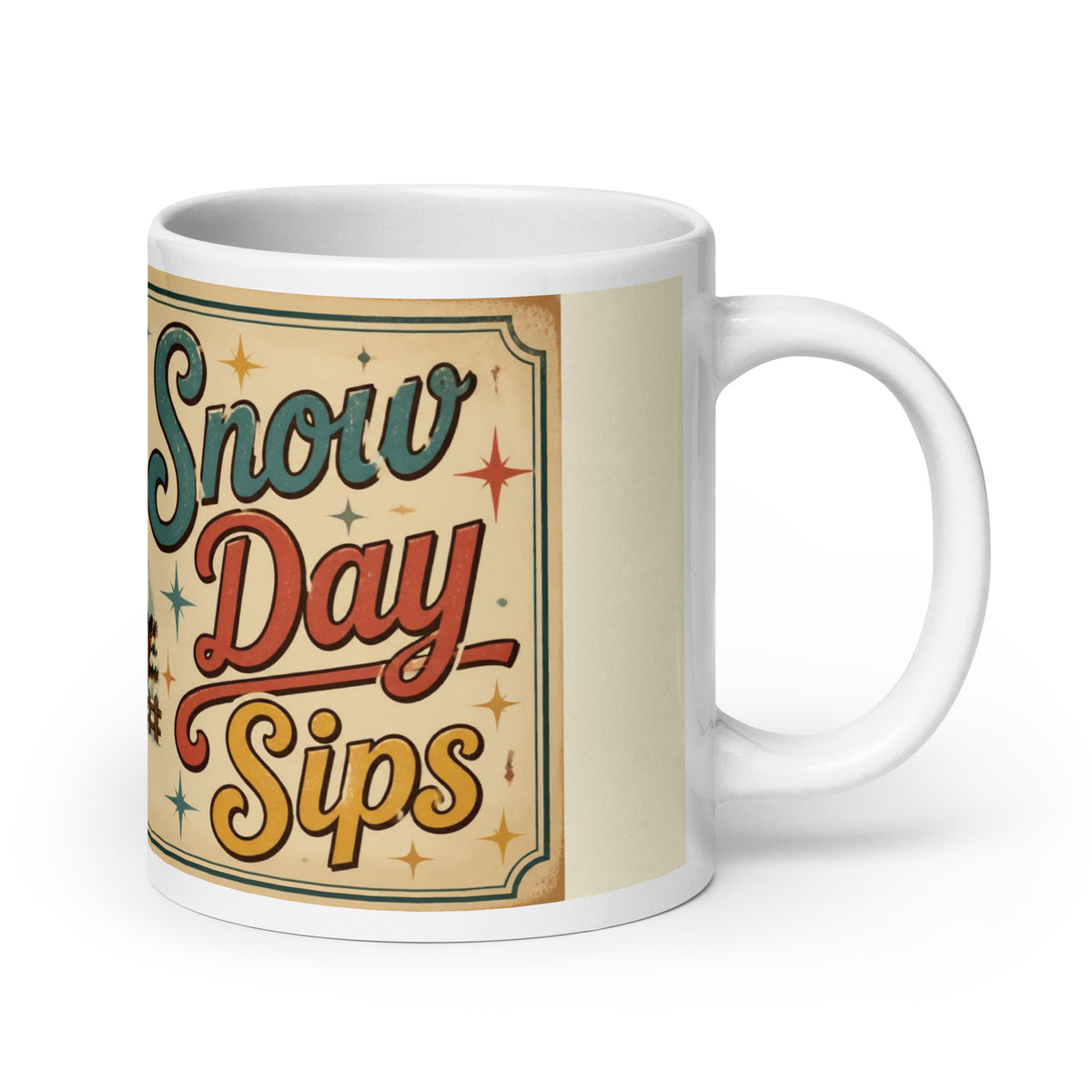 Snow Day Sips 20 oz mug, handle on the right