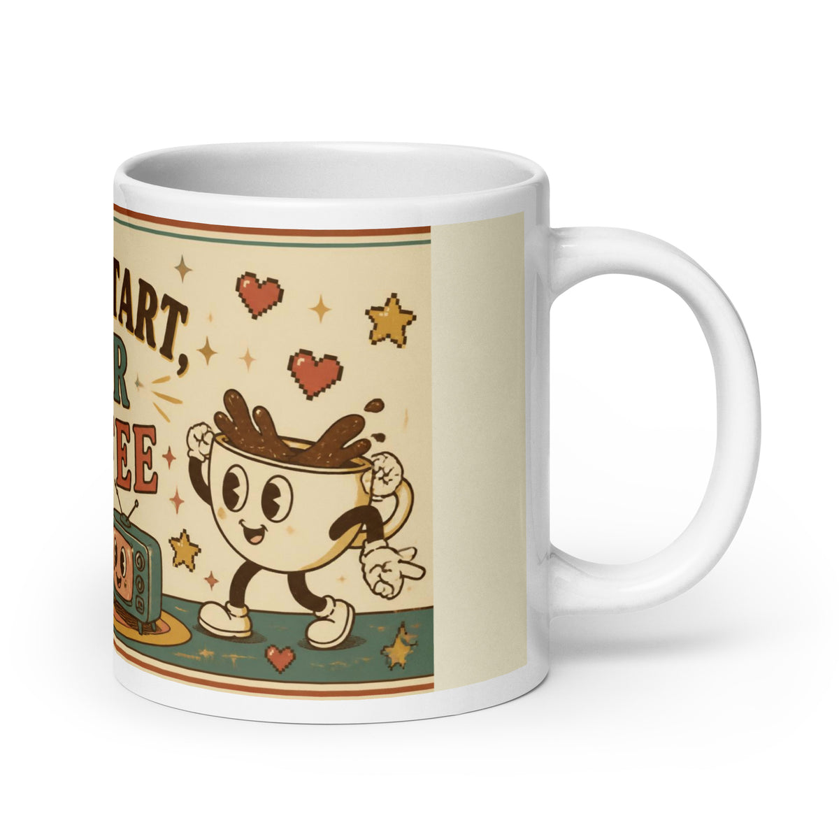 Press Start, Pour Coffee 20 oz mug, handle on the right