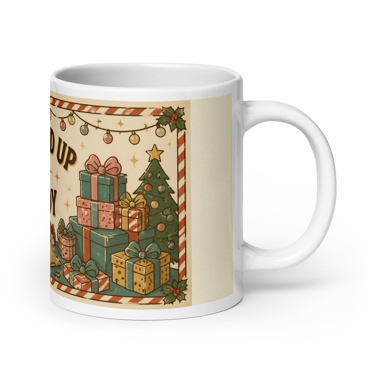 Wrapped Up & Ready 20 oz mug, handle on the right